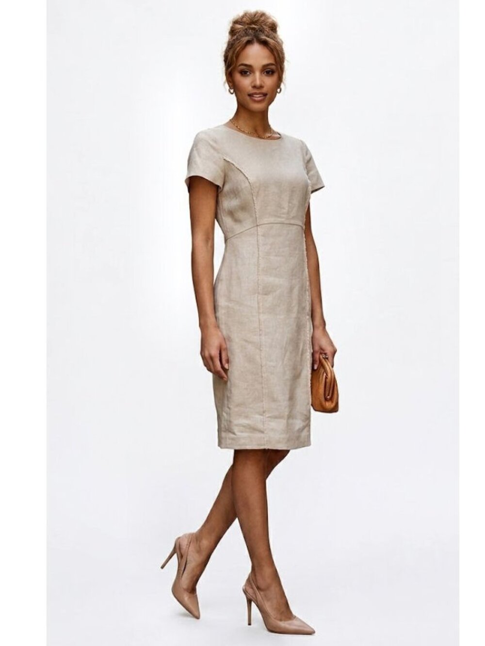 Lafayette 148 New York 100% Linen Short Sleeve Sheath Dress  Beige Womens Size 4
